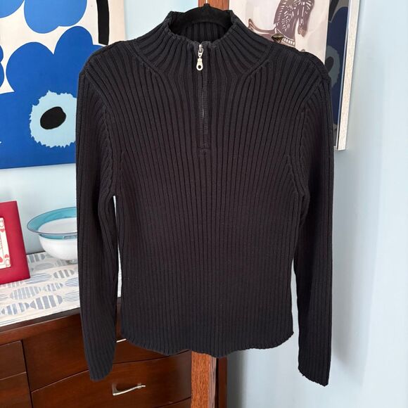 Women's St. John’s Bay 1/4-Zip Ribbed Sweater, Heavy Knit 100% Cotton Black sz L - Picture 2 of 7